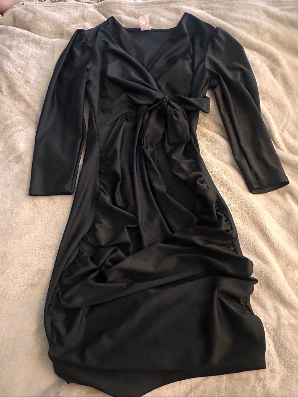 Satin-Effect Black Long Sleeve Wrap Dress with Side Tie